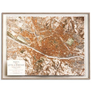 Plan de la ville de Florence (Italie) de 1936 - carte en relief ombragé affiche 2D, décoration murale beaux-arts, impression cadeau vintage, art de voyage géographie