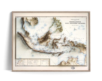 Indonesia Topographic Map of 1901 - 2D Poster Shaded Relief Map, Fine Art Wall Decor, Vintage Gift Print, Geography Travel Art
