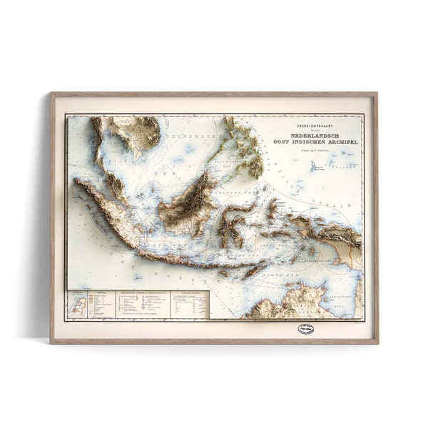 Topografische kaart van Indonesië van 1901 - 2D Poster Gearceerde Relief Kaart, Fine Art Wall Decor, Vintage Gift Print, Geografie Reizen Kunst