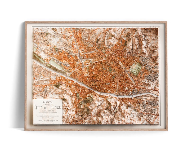 Florence Italy City Map of 1936 2D Poster Shaded Relief Map, Fine Art Wall Decor, Vintage Gift Print, Geography Travel Art image 1