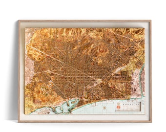 Barcelona (Spain) City Map of 1962 - 2D Poster Shaded Relief Map, Fine Art Wall Decor, Vintage Gift Print, Geography Travel Art