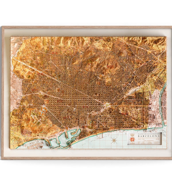 Barcelona (Spanje) stadsplattegrond van 1962 - 2D Poster schaduwrijke reliëfkaart, Fine Art Wall Decor, Vintage Gift Print, geografie reiskunst