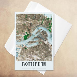 Biglietto d'auguri con mappa della città di Rotterdam - Planimetria vintage in rilievo ombreggiato, illustrazione del design della mappa della cancelleria, biglietto regalo per anniversario - 6''x4''