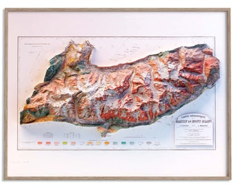 以下が含まれることがあります： モンブラン山塊の3D地質レリーフ地図が額装されており、隆起した多色の地形モデルが特徴です。地図には凡例、縮尺、および「Carte Géologique du Massif du Mont-Blanc, L. Duparc et L. Mrazec」というテキストが含まれています。