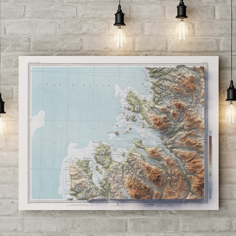 Ullapool (Scotland, UK), Topographic map - 1912, 2D printed shaded relief map with 3D effect of a 1912 topographic map of Ullapool and Lochinver (Scotland, UK). Vintage maps digitally restored and enhanced with a 3D effect. VizCart from Vizart