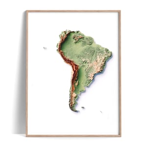 South America - Elevation Map (Geo) - 2D Poster Shaded Relief Map, Fine Art Wall Decor, Travel Poster