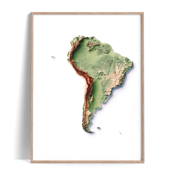 Amérique du Sud - Carte des altitudes (géographiques) - Poster 2D Carte en relief ombré, Décoration murale beaux-arts, Poster de voyage