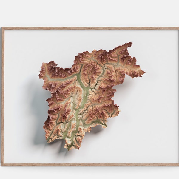 Trentino-Alto Adige, Italy - Elevation Map (Geo) - 2D Poster Shaded Relief Map, Fine Art Wall Decor, Travel Poster