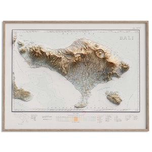 Topografische kaart Bali (Indonesië) van 1935 - 2D-poster gearceerde reliëfkaart, Fine Art Wall Decor, vintage cadeau print, geografie reizen kunst
