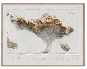 Bali (Indonesia) Topographic Map of 1935 - 2D Poster Shaded Relief Map, Fine Art Wall Decor, Vintage Gift Print, Geography Travel Art