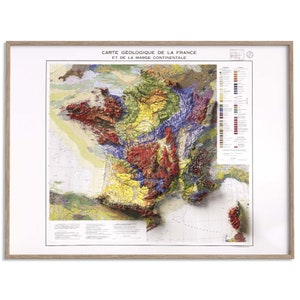 Carte géologique de la France de 1980 - carte en relief ombragé affiche 2D, décoration murale fine art, impression cadeau vintage, art de voyage géographie