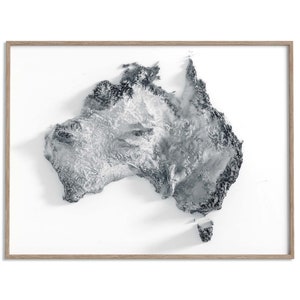 Australia Elevation Map (White) - 2D Poster Shaded Relief Map, Fine Art Wall Decor, Geography Travel Poster