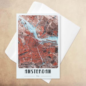 Biglietto d'auguri con mappa della città di Amsterdam - Planimetria vintage in rilievo ombreggiato, illustrazione del design della mappa della cancelleria, biglietto regalo per anniversario - 6''x4''