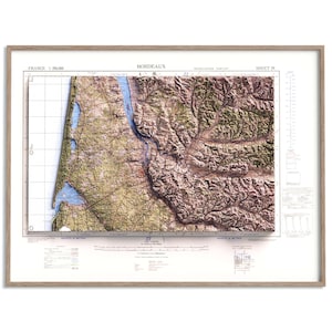 Carte topographique de Bordeaux (France) de 1943 - carte en relief ombragé affiche 2D, décoration murale beaux-arts, impression cadeau vintage, art de voyage géographie