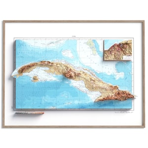 Carte topographique de Cuba de 1967 - carte en relief ombragé affiche 2D, décoration murale fine art, impression cadeau vintage, art de voyage géographie