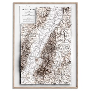 Op de afbeelding: Ingelijste vintage kaartprint van het Zwarte Woud en het Rijn-bekken. De kaart toont gedetailleerde topografie in bruin- en wittinten, met Franse tekst. De print is ingelijst in een licht houten frame.