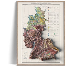 West Germany Soil Map of 1963 - 2D Poster Shaded Relief Map, Fine Art Wall Decor, Vintage Gift Print, Geography Travel Art