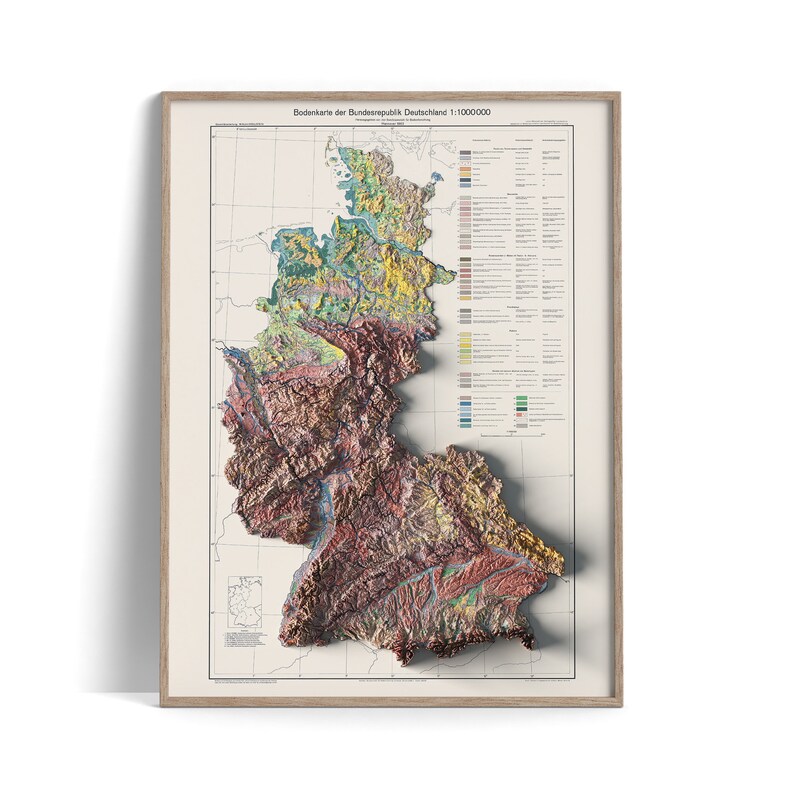 West Germany, Soil map - 1963, 2D printed shaded relief map with 3D effect of a 1963 soil map of West Germany. Shop our beautiful fine art printed maps on supreme Cotton paper. Vintage maps digitally restored and enhanced with a 3D effect.