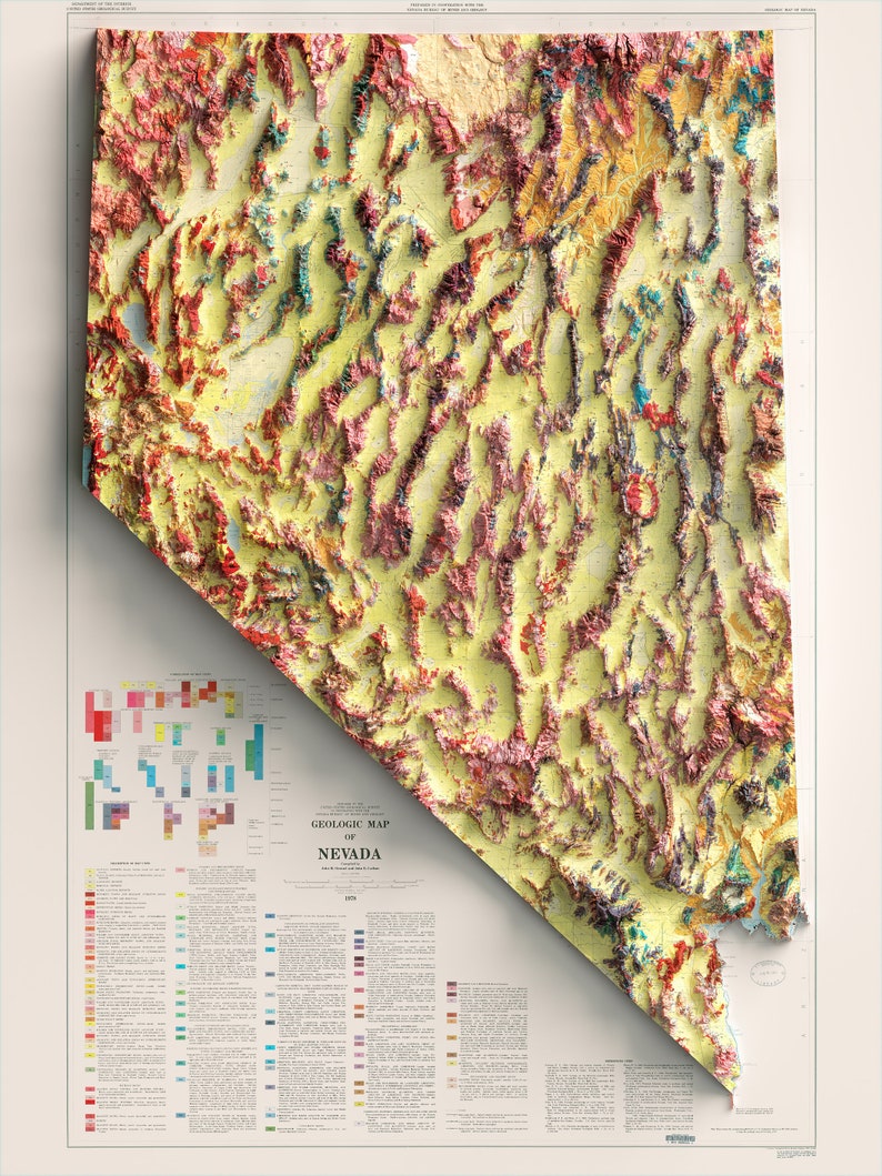 Nevada USA Geological Map of 1978 2D Poster Shaded Relief Map, Fine Art Wall Decor, Vintage Gift Print, Geography Travel Art imagem 2
