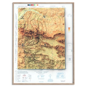 Toledo (Spanien) Topographische Karte von 1944 - 2D Poster Reliefkarte, Wanddekoration, Vintage Geschenk Druck, Geographie, Reisekunst