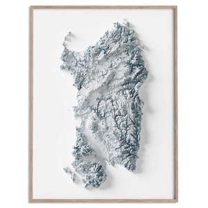 Carte des reliefs de la Sardaigne (Italie) (blanc) - affiche 2D, carte en relief ombragé, décoration murale beaux-arts, affiche de voyage géographie