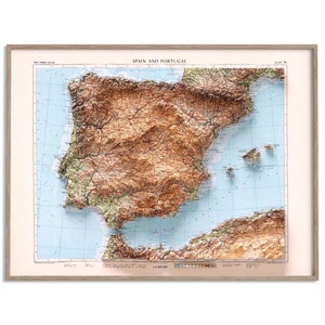 Carte topographique de la péninsule ibérique de 1956 - carte en relief ombragé affiche 2D, décoration murale beaux-arts, impression cadeau vintage, art de voyage géographie