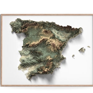 Spain - Elevation Map (Geo) - 2D Poster Shaded Relief Map, Fine Art Wall Decor, Travel Poster