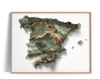 Spain - Elevation Map (Geo) - 2D Poster Shaded Relief Map, Fine Art Wall Decor, Travel Poster