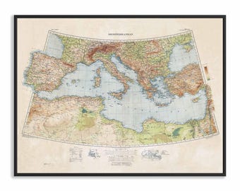 Topografische Karte des Mittelmeers von 1937 – Restaurierter historischer Kartendruck