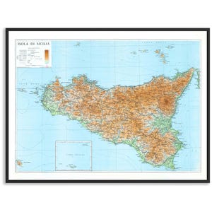 Sicily, Topographic map 1943 - Vintage reprint poster, wall decor art, travel geography gift