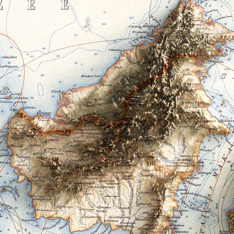 Indonesien, Topographische Karte von 1901 2D Poster Relief, Farbiger Reliefdruck, Vintage Geschenk Druck, Geographie, Reisekunst Bild 4