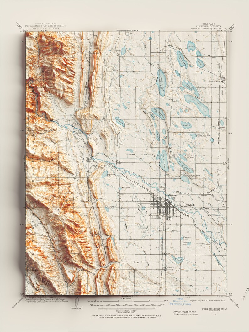 Fort Collins Colorado, USA Topographic Map of 1906 2D Poster Shaded Relief Map, Fine Art Wall Decor, Vintage Gift Print Geography Travel image 2