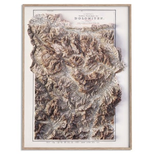 Topografische kaart Dolomieten (Italië) van 1904 - 2D-poster gearceerde reliëfkaart, Fine Art Wall Decor, vintage cadeau print, geografie reizen kunst