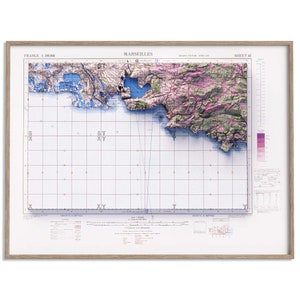 Carte topographique de Marseille (France) de 1943 - carte en relief ombragé affiche 2D, décoration murale beaux-arts, impression cadeau vintage, art de voyage géographie