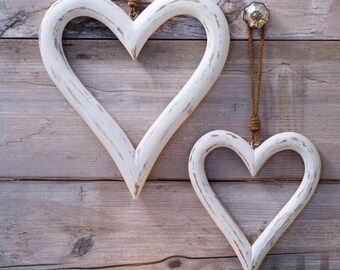 Set of Two Large Chunky White Wooden Hearts, Home Gift, Wedding Gift