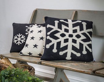 Christmas Snowflake Cushion, Black and White, Reversible, Feather Inner