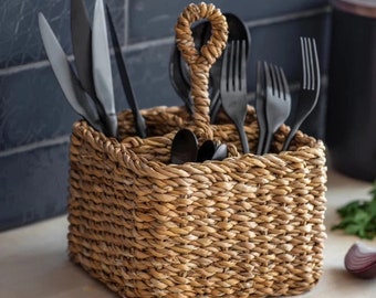 Wicker Seagrass Cutlery Holder - Handmade Rattan Kitchen Storage Basket - New Home Gift