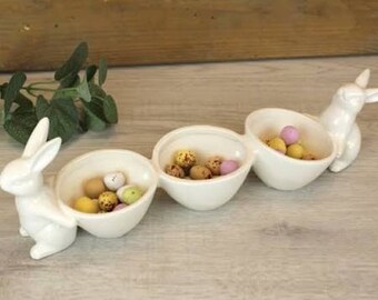 Ceramic Bunny Triple Snack Bowl - Easter Home Decor - Easter Eggs Styling