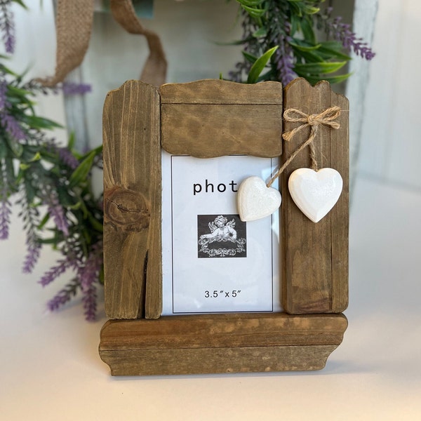 Photo Frame Freestanding Natural Driftwood Frame With White Hearts - Birthday Gift