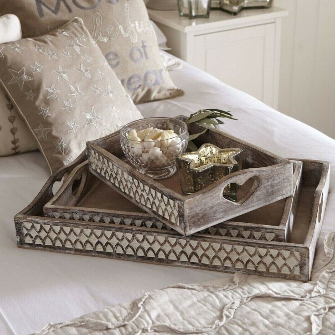 Carved Wooden Tea Trays With Heart Cutout Handles Small Etsy