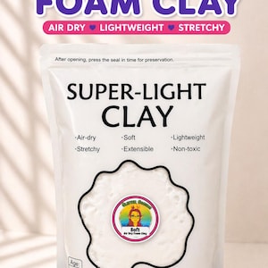 May include: White bag of soft foam clay, labeled "SUPER-LIGHT CLAY." Features include air-dry, stretchy, soft, extensible, lightweight, and non-toxic. The package contains 17.6 oz (500g) of clay and is suitable for ages 3+.