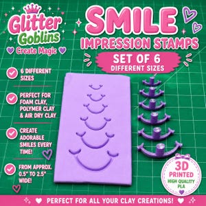 Clay Smile Stamp Set of 6 | Happy Cheeks Smile Collection | Face Impression Stamps | Foam Clay & Air Dry Clay | 3D Printed Tool