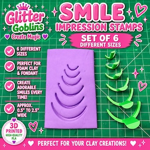 May include: A set of six green plastic smile impression stamps in varying sizes, ranging from 0.5 to 2.5 inches wide. The set includes a purple rectangular clay slab with six curved smile impressions and six individual green smile tools.
