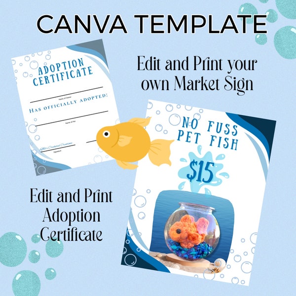 TEMPLATE ONLY, Printable, No Fuss Fish Sign, Adoption Certificate, Market Sign, Pricing template, Printable Sign, Editable Template