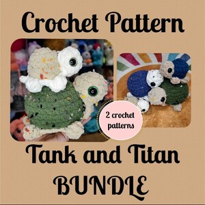 May include: Crochet pattern for two amigurumi turtles, one green with brown spots and one blue with white spots. The pattern is called "Tank and Titan Bundle" and includes two crochet patterns.