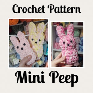 May include: Crochet pattern for a mini Peep, a small marshmallow bunny-shaped sweet. The pattern includes two versions: a pink and white Peep and a yellow and white Peep.