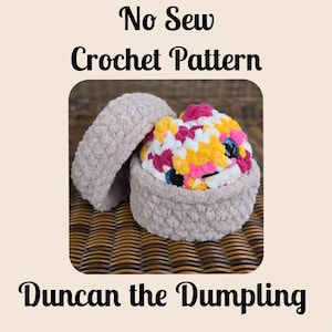 Może przedstawiać: Wzór szydełkowy zatytułowany No Sew Crochet Pattern Duncan the Dumpling przedstawiający pluszową figurkę pierożka z wielokolorową górą w odcieniach różu, żółci i bieli, umieszczoną w beżowym szydełkowanym pojemniku z pasującą pokrywką.