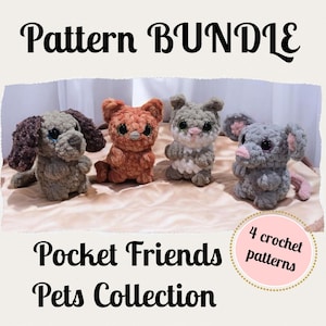 May include: A collection of four crocheted pet animal patterns. The image features a dog, cat, and mouse, each with large eyes and a soft texture. The text reads "Pattern Bundle" and "Pocket Friends Pets Collection."