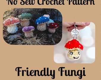 May include: A crochet pattern for a friendly fungi mushroom keychain. The pattern is no-sew and includes a variety of colors, including red, blue, green, and purple. The keychain features a smiling mushroom with a red cap and white spots.