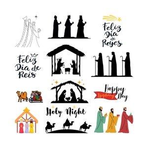 Puede incluir: Un conjunto de ilustraciones que representan la historia de los Tres Reyes Magos, incluyendo el texto "Feliz Dia de Reyes" y "Happy Epiphany Day". Las ilustraciones incluyen los tres reyes magos, una estrella, un camello y una escena del pesebre.
